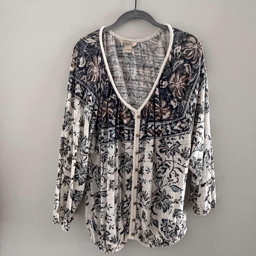 Lucky Brand Floral Paisley‎ Button Front V-Neck Blouson Top Cream Navy L Boho